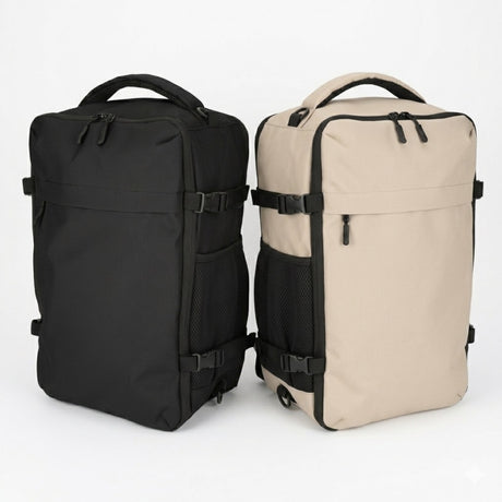 Produktfoto der Norländer S.G. RPET 2.0 Handgepäck Rucksäcke in Beige und Schwarz nebeneinander auf weißem Hintergrund