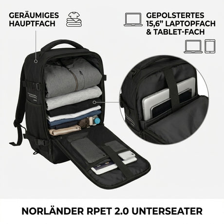 Nahaufnahme des schwarzen Norländer Simply Green RPET 2.0 Handgepäck Rucksacks aus einer Drei-Viertel-Perspektive auf weißem Hintergrund