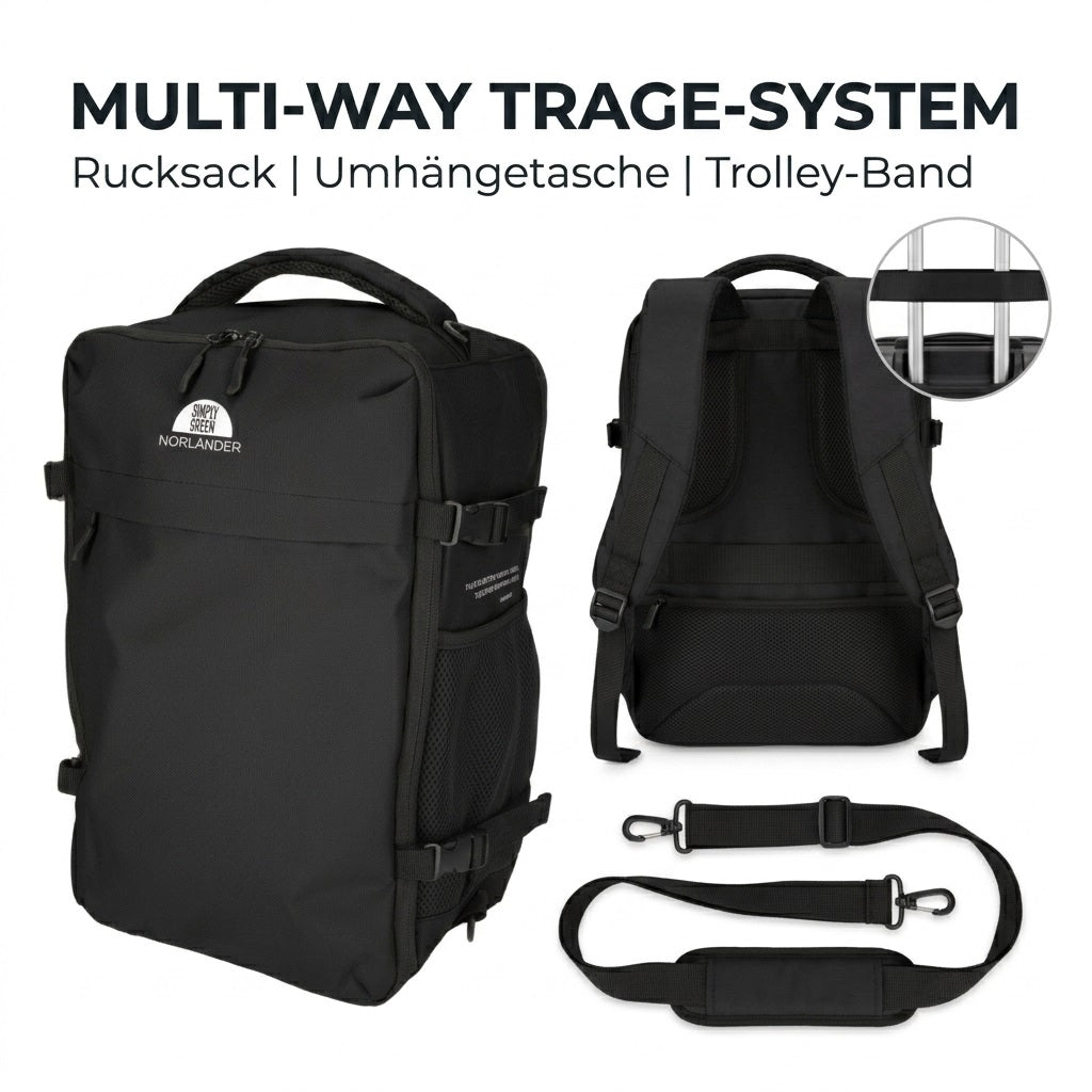 Detail-Infografik des schwarzen Norländer Rucksacks mit offenem Hauptfach, das gefaltete Kleidung zeigt, und einer Seitenansicht, die das gepolsterte 15,6" Laptop- und Tablet-Fach demonstriert