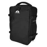 Infografik des schwarzen Norländer Rucksacks, die das Multi-Way Tragesystem zeigt: die Rückansicht mit Rucksackträgern, ein Detail des Trolley-Bands und den separaten Umhängegurt
