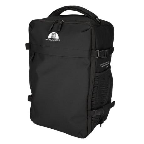 Infografik des schwarzen Norländer Rucksacks, die das Multi-Way Tragesystem zeigt: die Rückansicht mit Rucksackträgern, ein Detail des Trolley-Bands und den separaten Umhängegurt