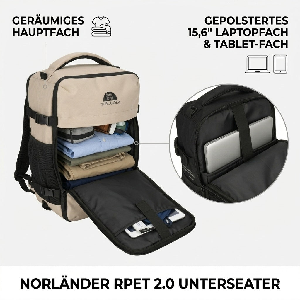Nahaufnahme des beigen Norländer Simply Green RPET 2.0 Handgepäck Rucksacks aus einer Drei-Viertel-Perspektive auf weißem Hintergrund