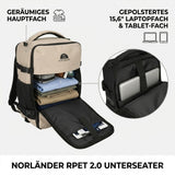 Nahaufnahme des beigen Norländer Simply Green RPET 2.0 Handgepäck Rucksacks aus einer Drei-Viertel-Perspektive auf weißem Hintergrund