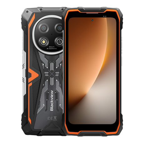 Doppel-Ansicht des Blackview ROCK 2 in Orange Vibrance: Die robuste Konstruktion mit orangefarbenen Akzenten an Rückseite und Rahmen, kombiniert mit der Vorderansicht des 120Hz Großdisplays.
