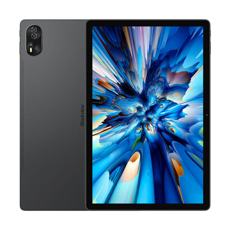 Blackview Mega 8 Tablette schwarz Vorder- und Rückseite frontal mit buntem Bildschirm