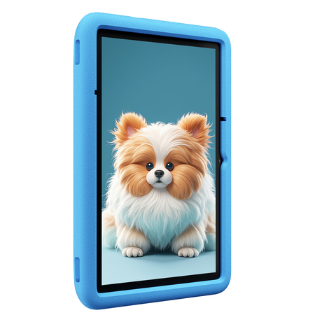 Blackview Tab A6 Kids – seitliche Frontansicht mit Displaymotiv Hund und blauer EVA-Schutzhülle