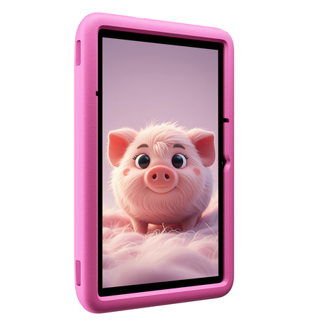 Blackview Tab A6 Kids – seitliche Frontansicht mit Displaymotiv Schwein und pinker EVA-Schutzhülle