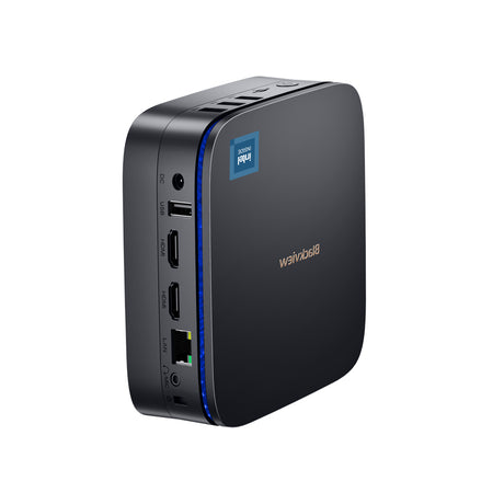 Blackview MP60 Mini PC – Seitenansicht im stehenden Betrieb mit sichtbaren Anschlussmöglichkeiten