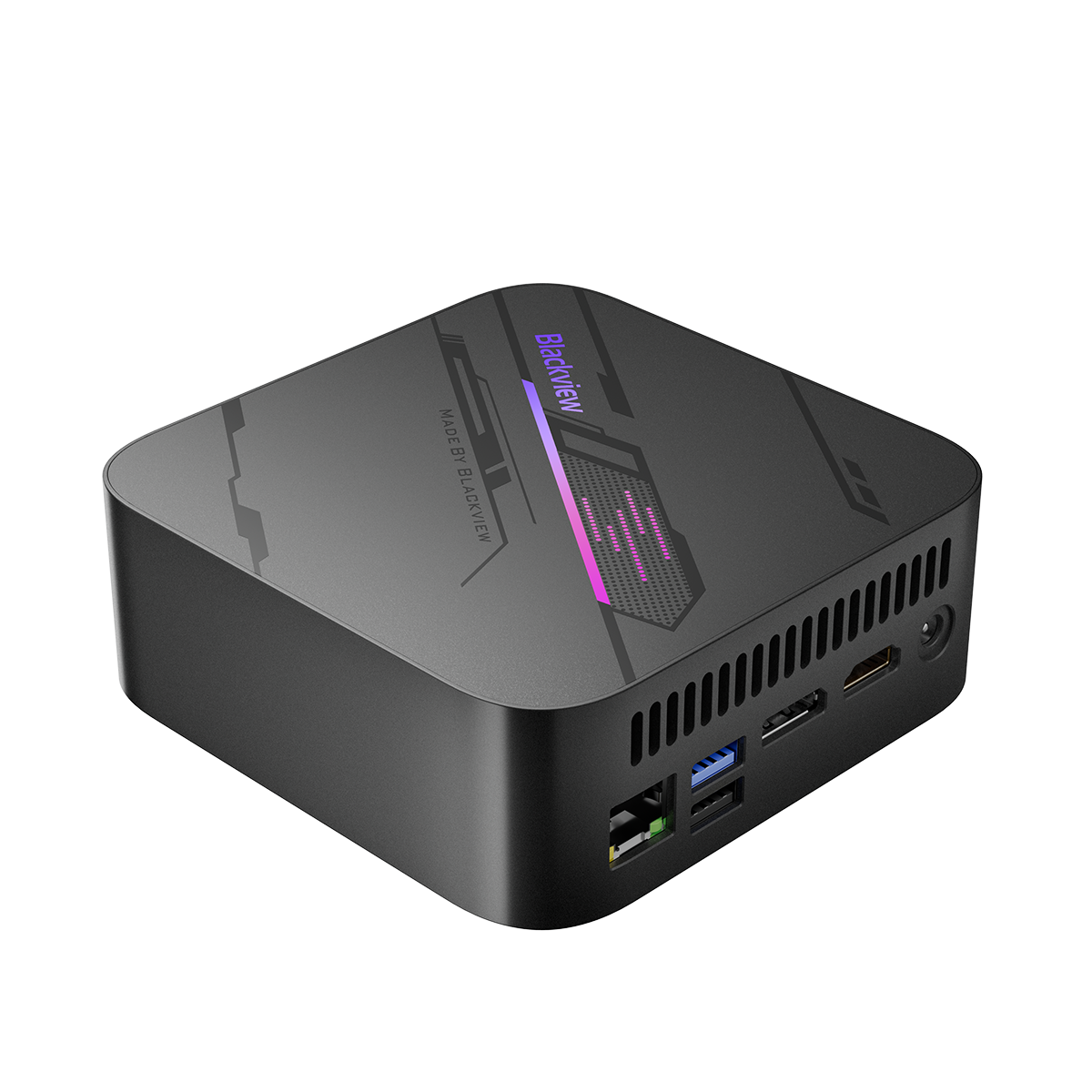 Blackview MP100 Mini PC – Rückansicht schräg rechts, Anschlüsse: LAN, USB, DisplayPort, HDMI, Stromanschluss