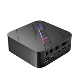 Blackview MP100 Mini PC – Rückansicht schräg rechts, Anschlüsse: LAN, USB, DisplayPort, HDMI, Stromanschluss