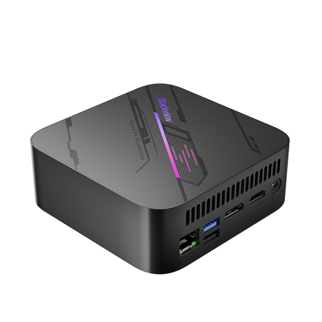 Blackview MP100 Mini PC – Rückansicht schräg rechts, Anschlüsse: LAN, USB, DisplayPort, HDMI, Stromanschluss