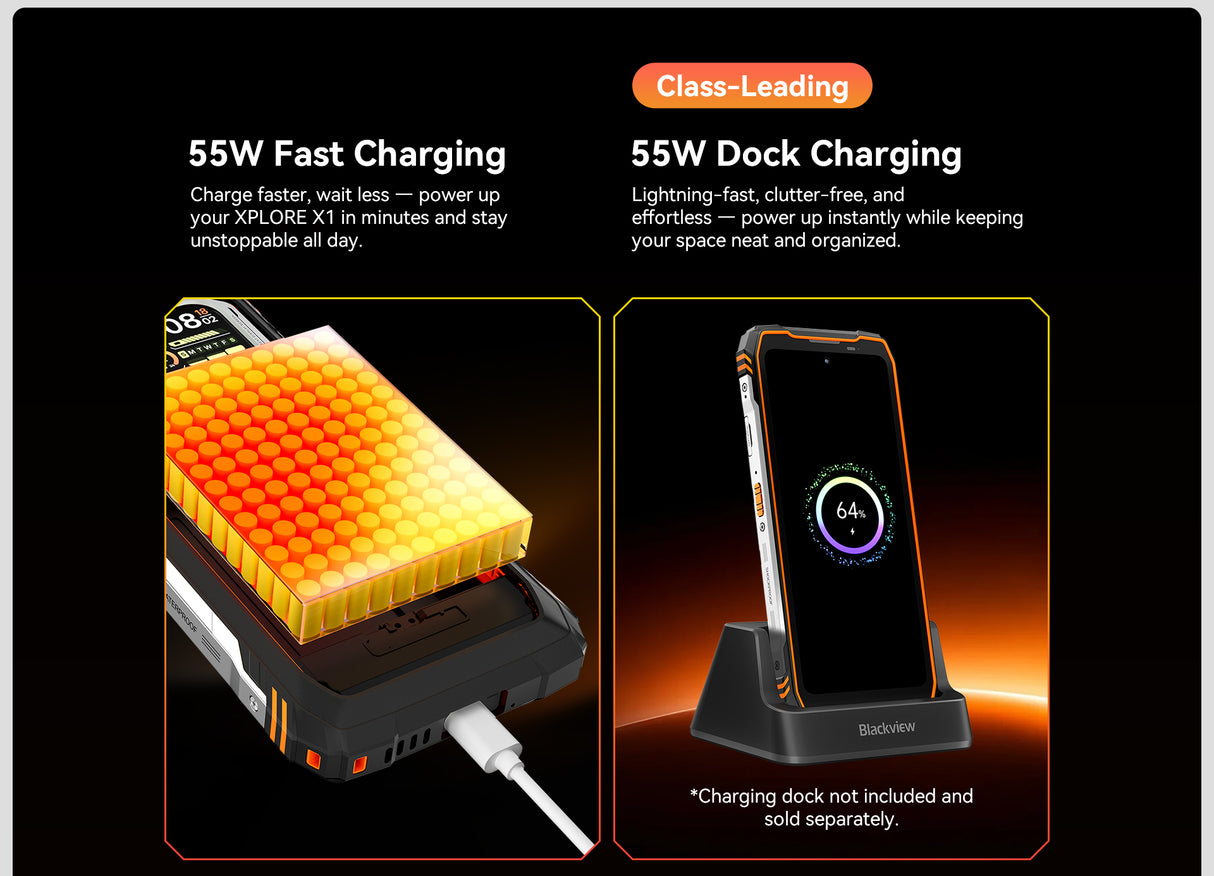 Visualisierung der 55W Fast-Charge-Technologie: Schnelles Aufladen des riesigen Akkus über USB-C für minimale Ausfallzeiten im Einsatz.