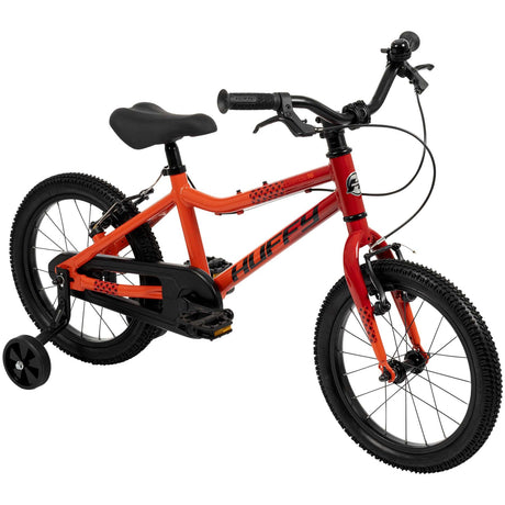 Kinderfahrrad in Rot und Orange mit Stützrädern und schwarzem Sattel