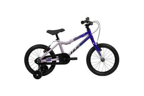 Kinderfahrrad in Lila und Schwarz mit Stützrädern und 16-Zoll-Rädern