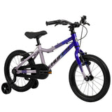 Kinderfahrrad mit 16-Zoll-Rädern in lila und blau mit Stützrädern