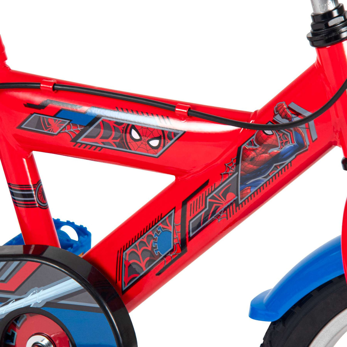 Volare Spider-Man Kinderfahrrad 16 Zoll Rot-Blau mit zwei Handbremsen und Stützrädern