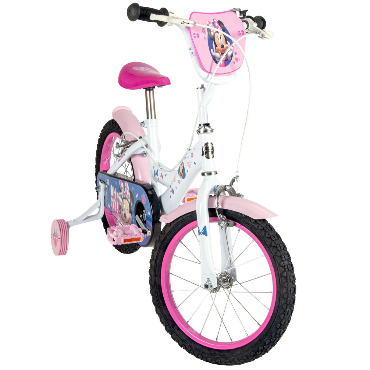 Volare Disney Minnie Kinderfahrrad 16 Zoll Weiß-Rosa mit zwei Handbremsen und Stützrädern