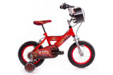 Rotes Kinderfahrrad mit Rennmotiven und stabilen Reifen