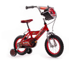 Rotes Kinderfahrrad mit Rennmotiven und stabilen Gummireifen
