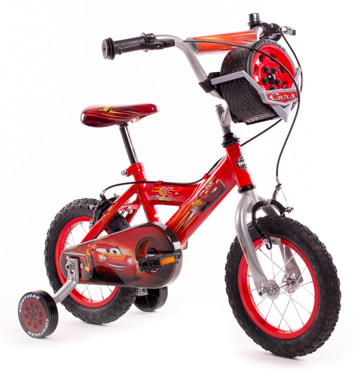 Rotes Kinderfahrrad mit Rennmotiven und Stützrädern