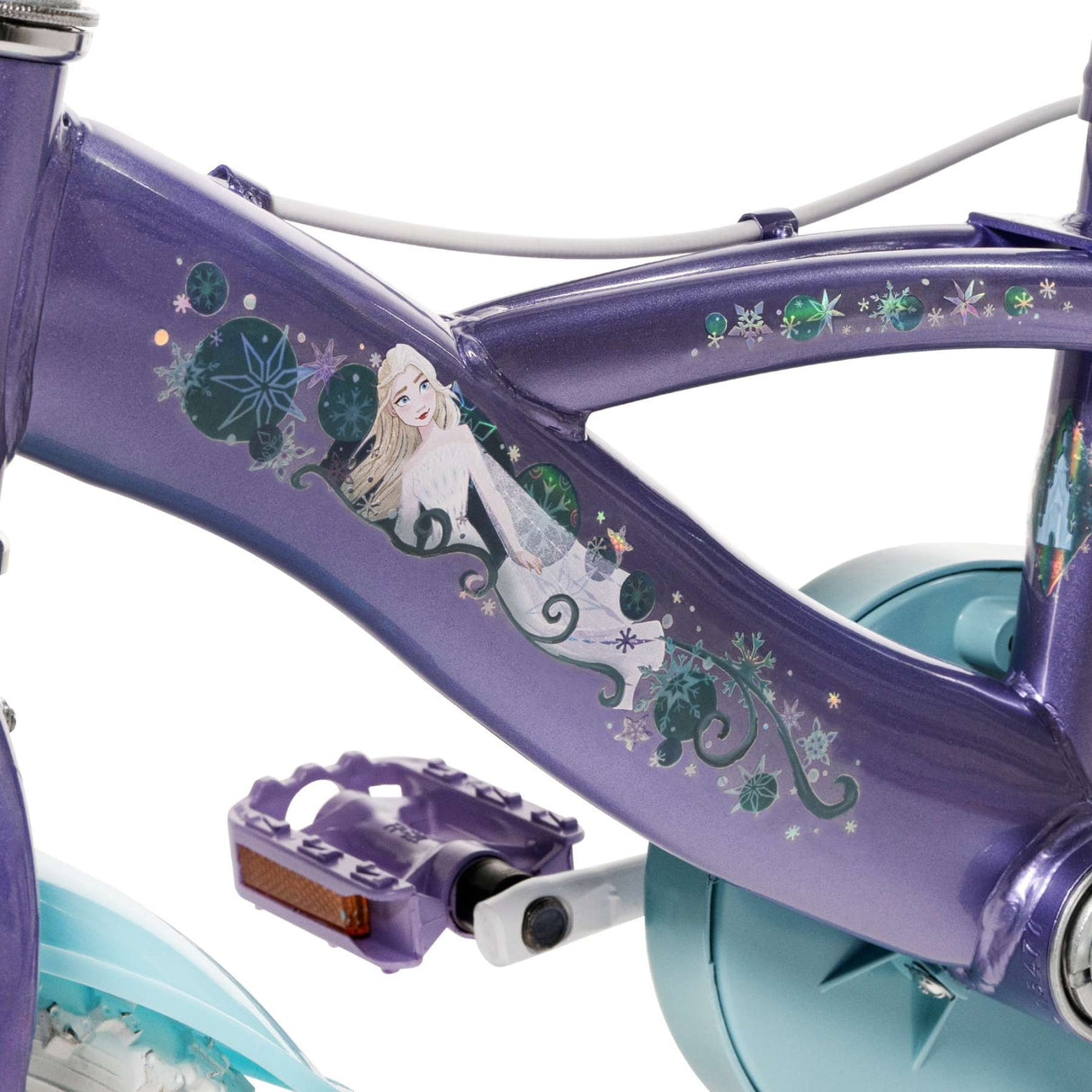 Lila Kinderfahrradrahmen mit Elsa-Motiv und glitzernden Verzierungen