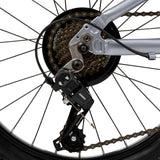 Nahaufnahme eines Fahrrad-Hinterrads mit Schaltwerk und Kette