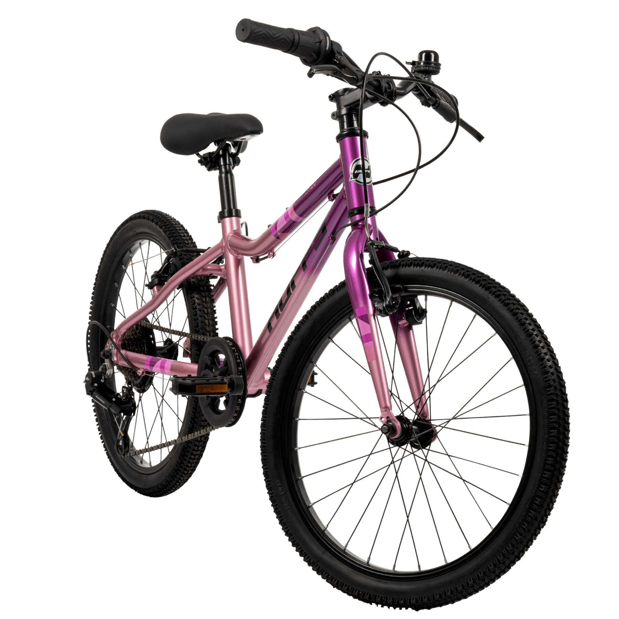 Jugendfahrrad in lila und pink mit 20-Zoll-Rädern und Mountainbike-Reifen