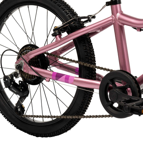 Rosa Fahrradrahmen mit Kette und Hinterradschaltung sichtbar