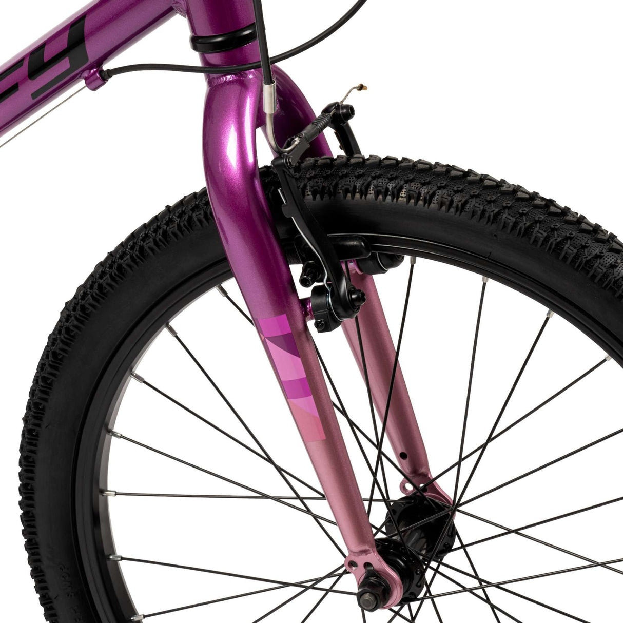 Lila Fahrradgabel mit schwarzem Reifen und Speichen, sportliches Design