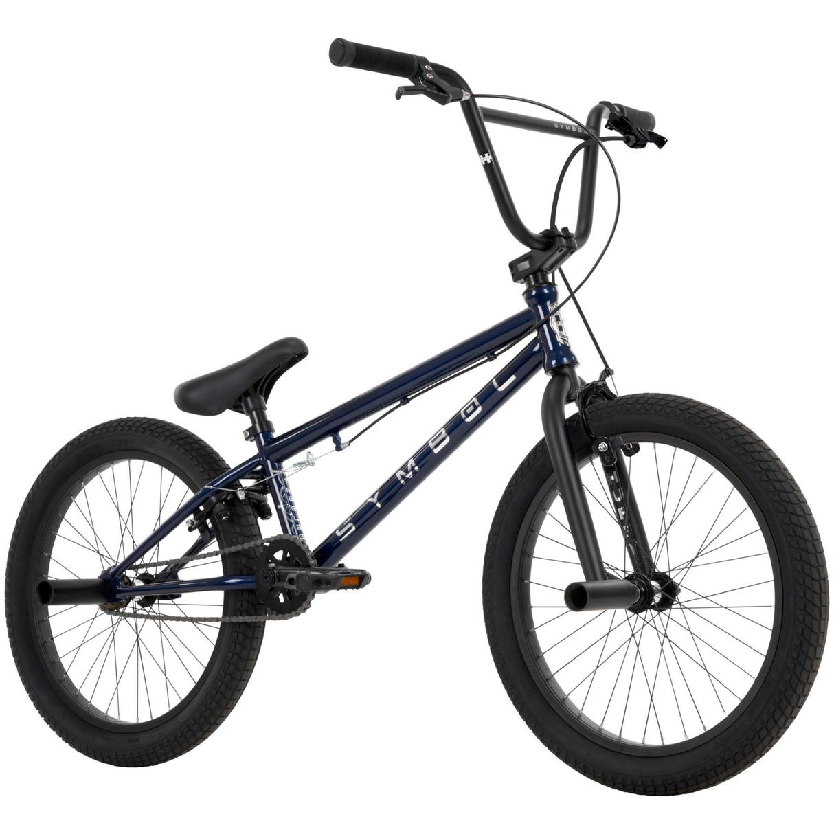 BMX-Fahrrad mit schwarzem Rahmen und dicken Reifen, für Tricks geeignet