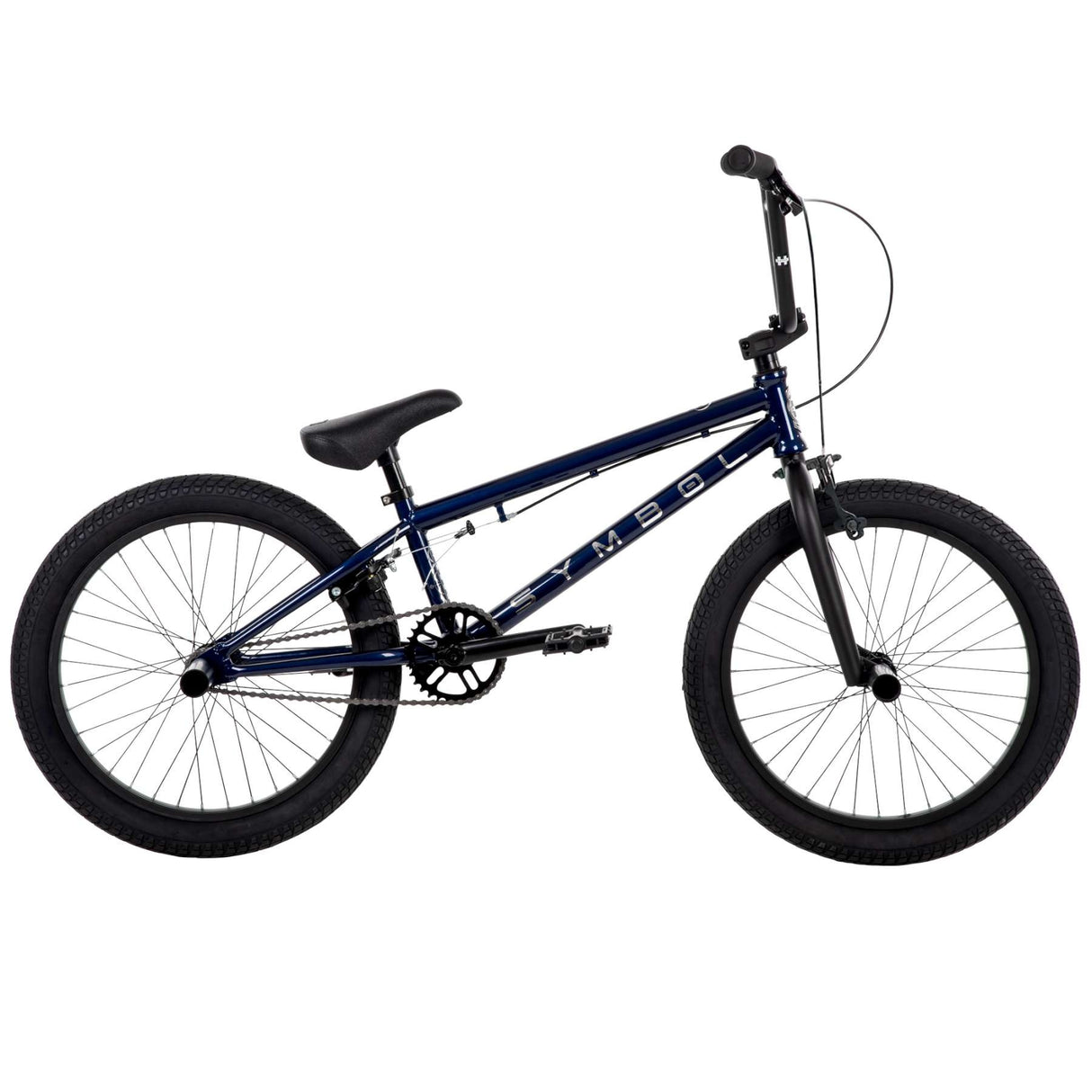 Blaues BMX-Fahrrad mit schwarzen Reifen und einfacher Rahmenkonstruktion