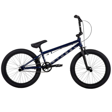Blaues BMX-Fahrrad mit schwarzen Reifen und einfacher Rahmenkonstruktion