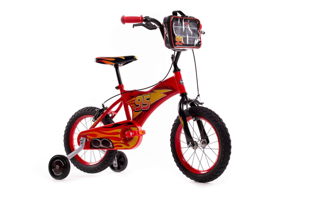 Rotes Kinderfahrrad mit Flammenmuster und stabilen Stützrädern