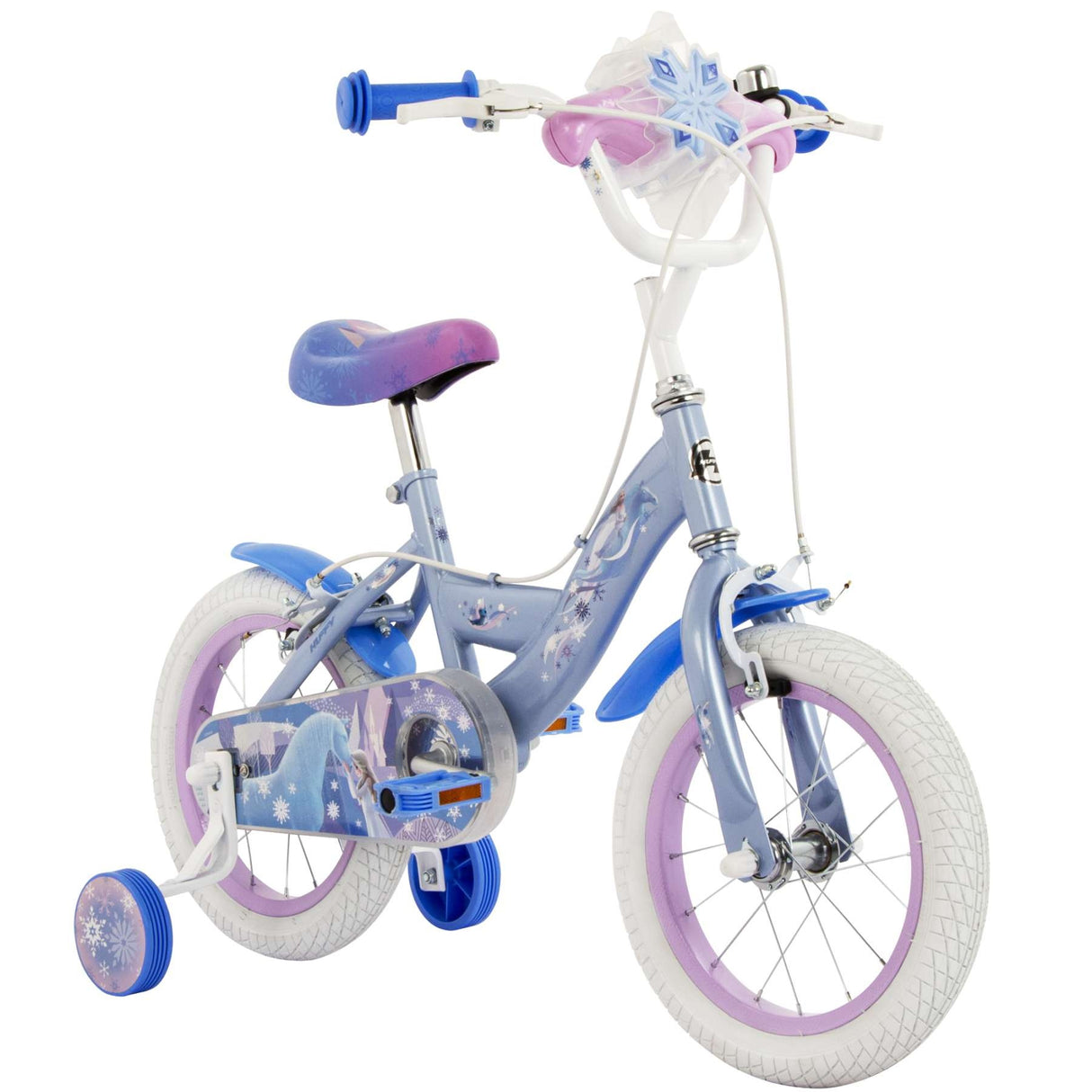 Kinderfahrrad in Blau und Lila mit Stützrädern und dekorativen Motiven