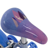 Blaue Kinderfahrradsattel mit lila und glitzerndem Design
