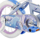 Blaues Kinderfahrrad mit Elsa-Motiv und Einhorn-Design am Kettenkasten
