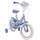 Kinderfahrrad in Blau und Lila mit Stützrädern und buntem Sattel