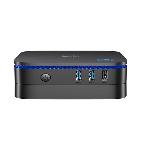 Blackview MP60 Mini PC – Frontansicht mit Power-Button und drei USB-Anschlüssen