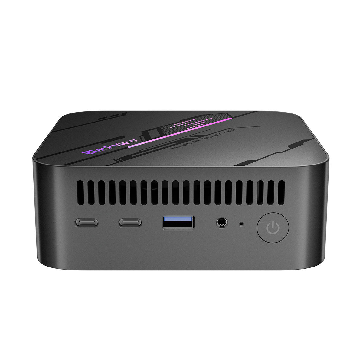 Blackview MP100 Mini PC – Frontalansicht, zwei USB-C-Ports, USB 3.2, Audio-Anschluss und Power-Button gut sichtbar