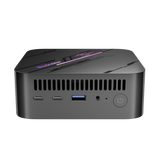 Blackview MP100 Mini PC – Frontalansicht, zwei USB-C-Ports, USB 3.2, Audio-Anschluss und Power-Button gut sichtbar