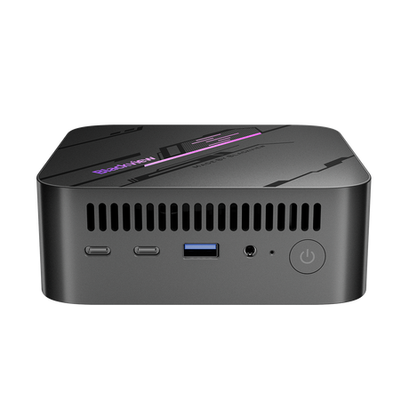 Blackview MP100 Mini PC – Frontalansicht, zwei USB-C-Ports, USB 3.2, Audio-Anschluss und Power-Button gut sichtbar