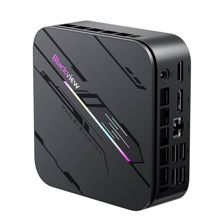Blackview MP100 Mini PC – Seitlich aufgestellt mit Sicht auf die Oberseite und Rueckseite mit USB, LAN und HDMI Ports