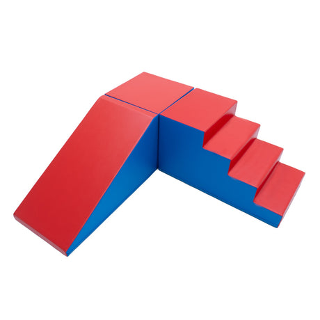 Bunte Schaumstoffspielgeräte mit Rampe und Treppenstufen in Rot und Blau