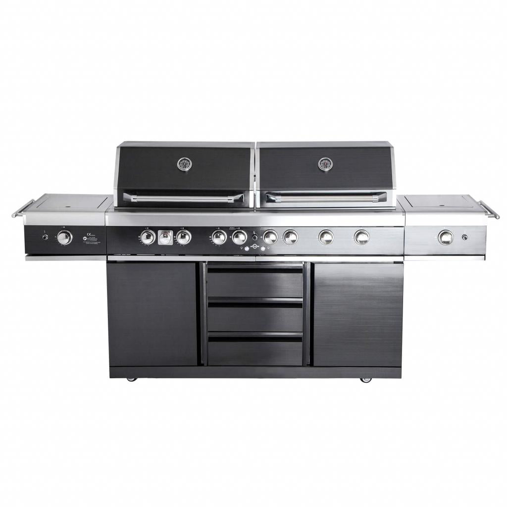 Edelstahl Außenküche ALL'GRILL EXTREM LIGHT BLACK-Line, 34,7 kW, 6-flammig,  inkl. Steakzone-Keramikbrenner und Seitenkocher