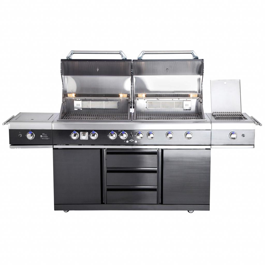 Edelstahl Außenküche ALL'GRILL EXTREM LIGHT BLACK-Line, 34,7 kW, 6-flammig,  inkl. Steakzone-Keramikbrenner und Seitenkocher