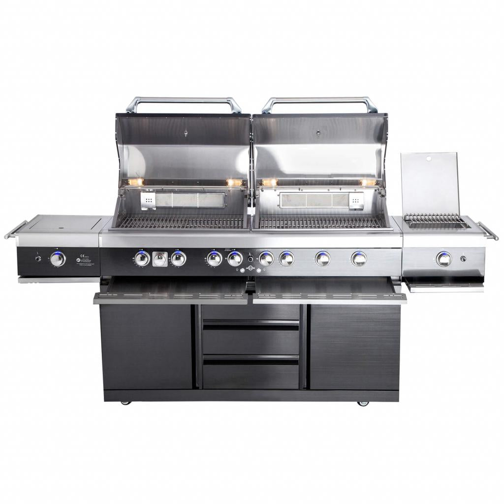 Edelstahl Außenküche ALL'GRILL EXTREM LIGHT BLACK-Line, 34,7 kW, 6-flammig,  inkl. Steakzone-Keramikbrenner und Seitenkocher