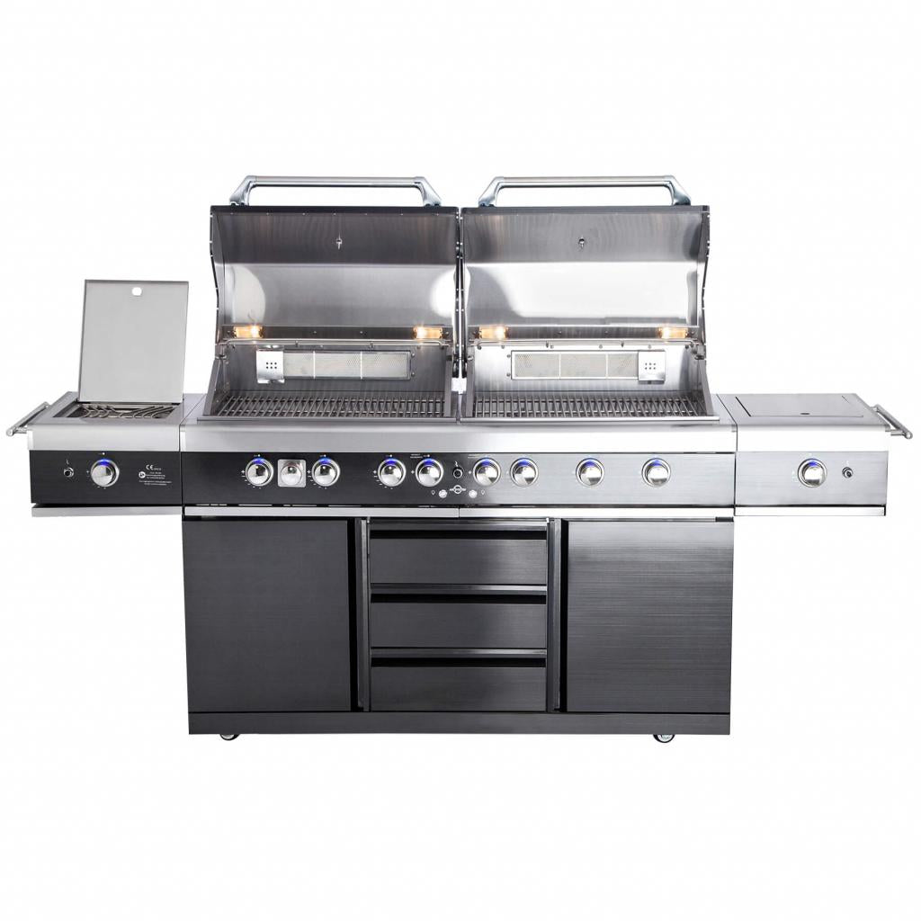 Edelstahl Außenküche ALL'GRILL EXTREM LIGHT BLACK-Line, 34,7 kW, 6-flammig,  inkl. Steakzone-Keramikbrenner und Seitenkocher