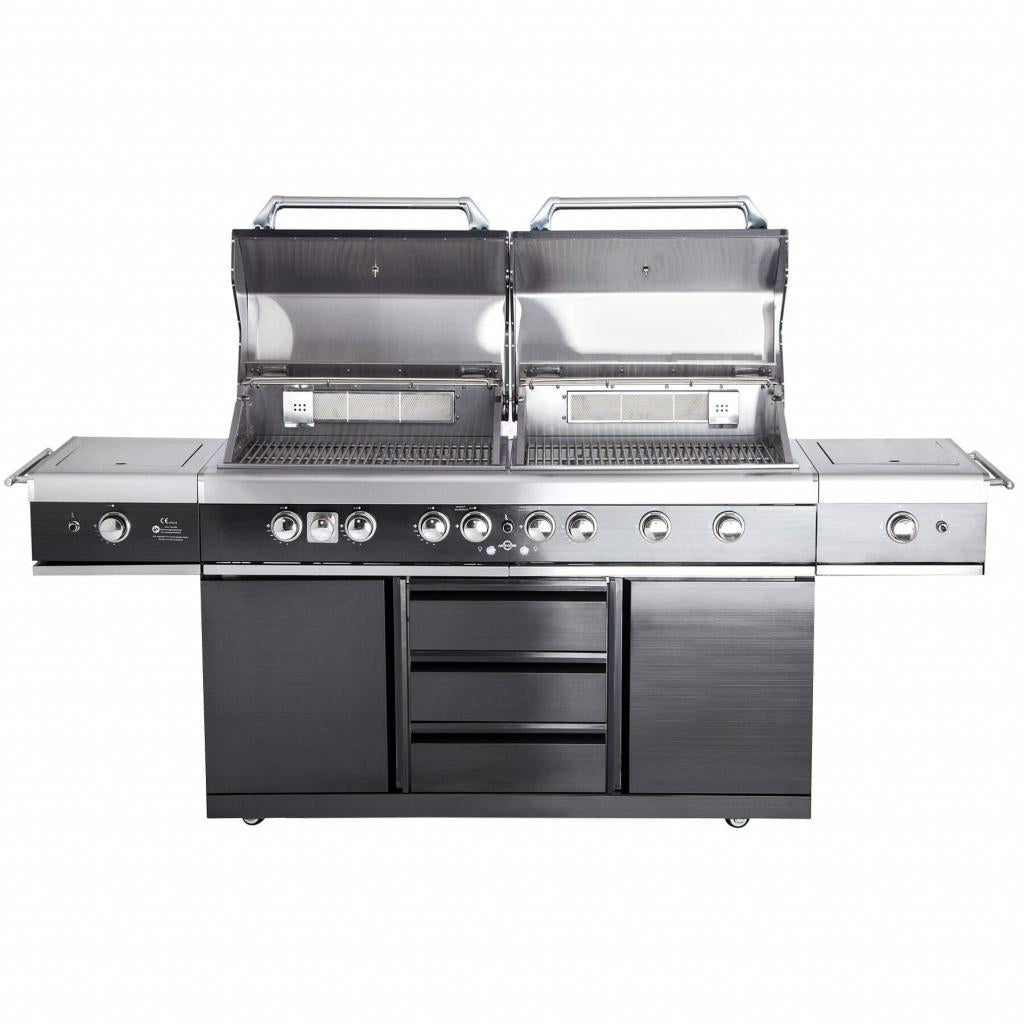 Edelstahl Außenküche ALL'GRILL EXTREM LIGHT BLACK-Line, 34,7 kW, 6-flammig,  inkl. Steakzone-Keramikbrenner und Seitenkocher