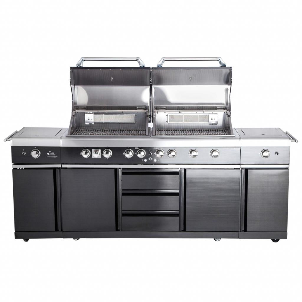 Voll-Edelstahl Außenküche ALL'GRILL EXTREM BLACK-Line Steakzone® mit 34,7 kW Leistung, 6-flammig, inkl. Seitenkocher und Air System