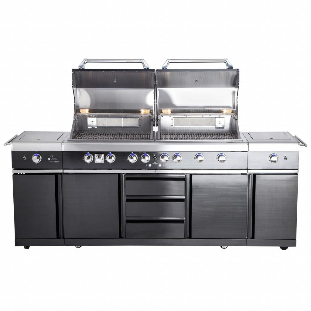 Voll-Edelstahl Außenküche ALL'GRILL EXTREM BLACK-Line Steakzone® mit 34,7 kW Leistung, 6-flammig, inkl. Seitenkocher und Air System